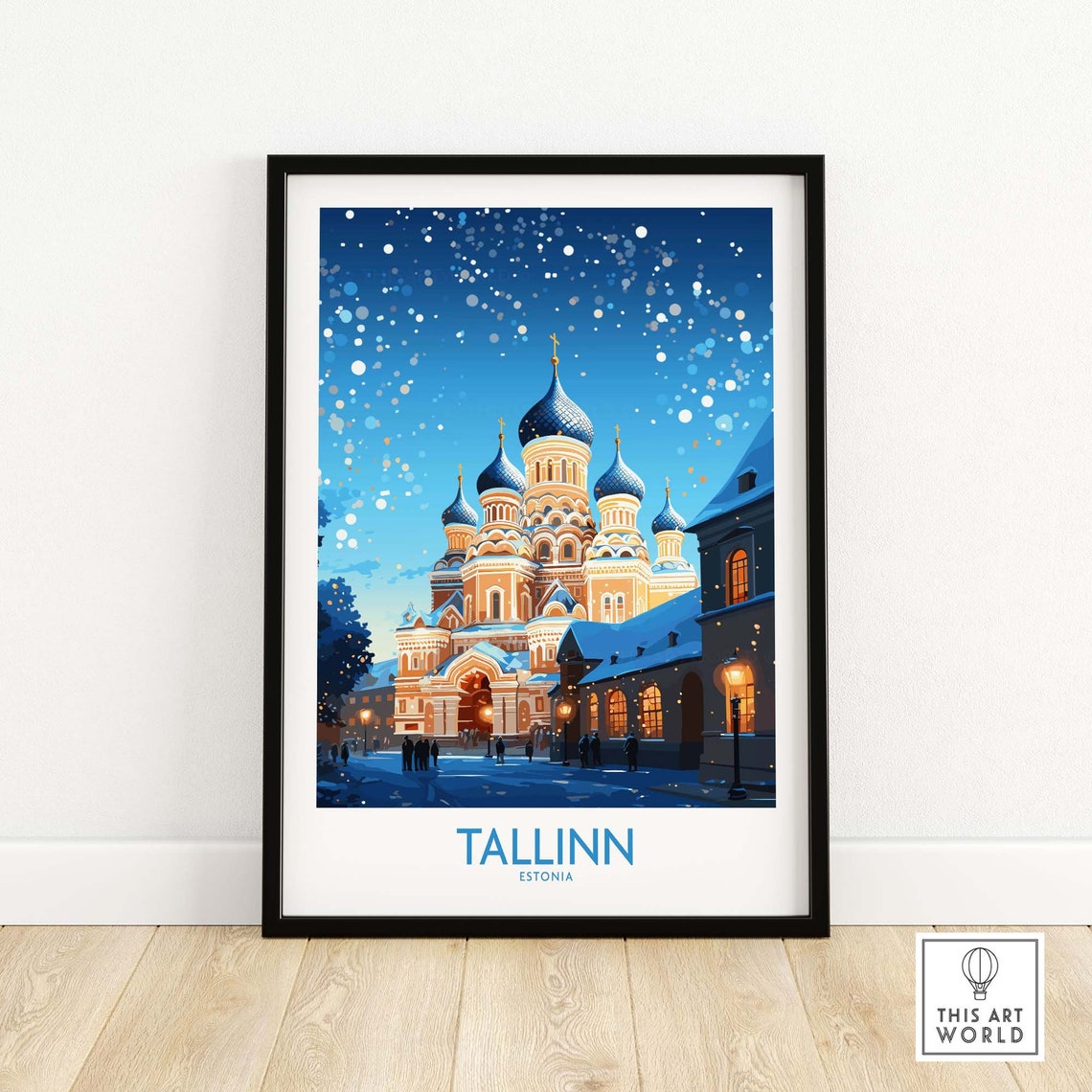 Tallinn Estonia Snowy Cathedral Winter Night City Travel Poster