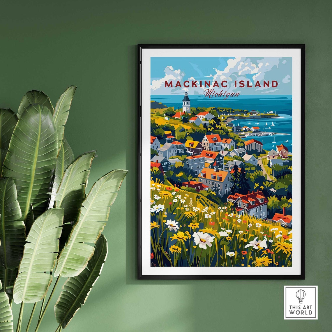 Mackinac Island Michigan Hillside Town Sailboats Floral Art Poster - Image 2