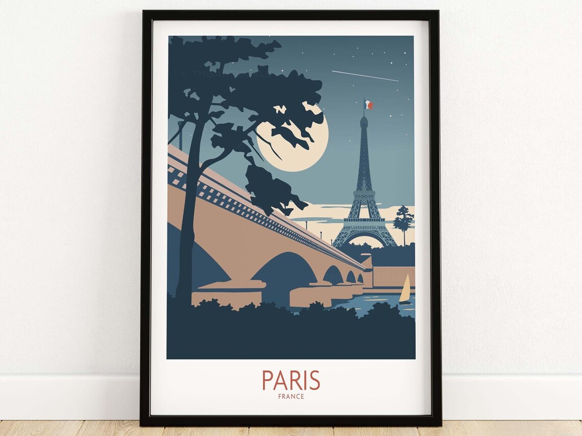 Paris France Retro Travel Poster, Eiffel Tower Print