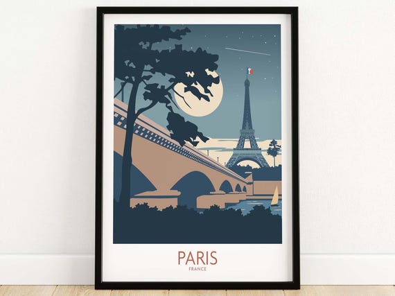 Paris France Retro Travel Poster, Eiffel Tower Print