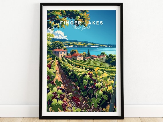 Finger Lakes New York Vineyard Rolling Hills Vintage Travel Poster