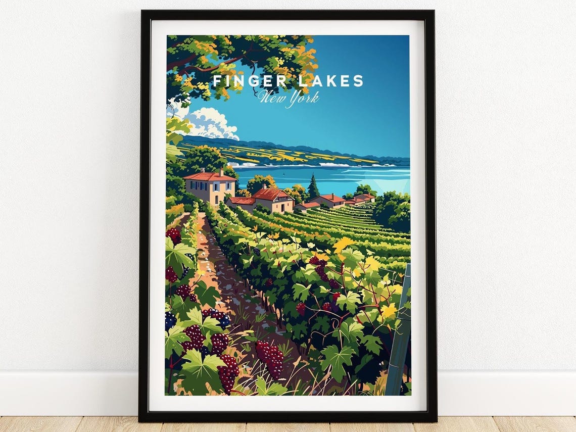 Finger Lakes New York Vineyard Rolling Hills Vintage Travel Poster