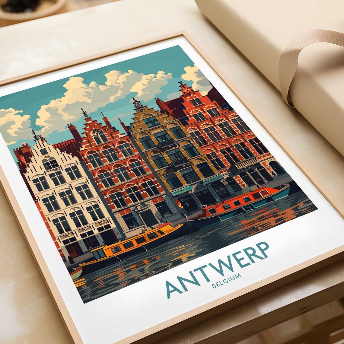 Antwerp Belgium Canal Gabled Guild Houses Boats Old Town Poster