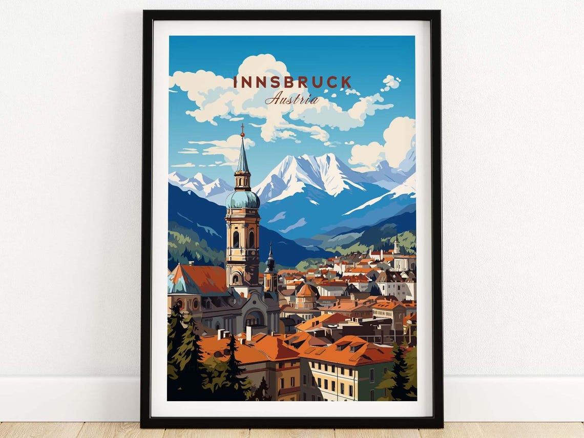 Innsbruck Austria Church Tower Snow Capped Alps Skyline Travel Poster