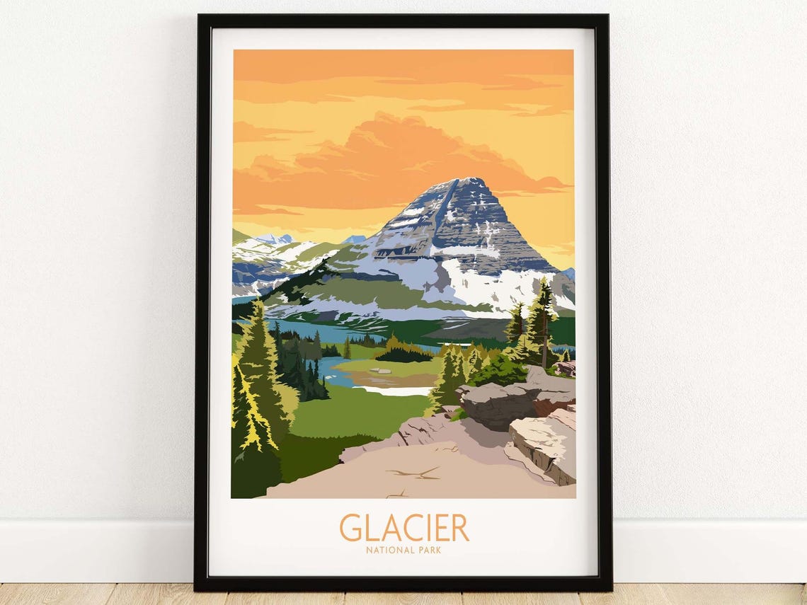 Glacier National Park Sunset Peak Alpine Meadow Travel Poster
