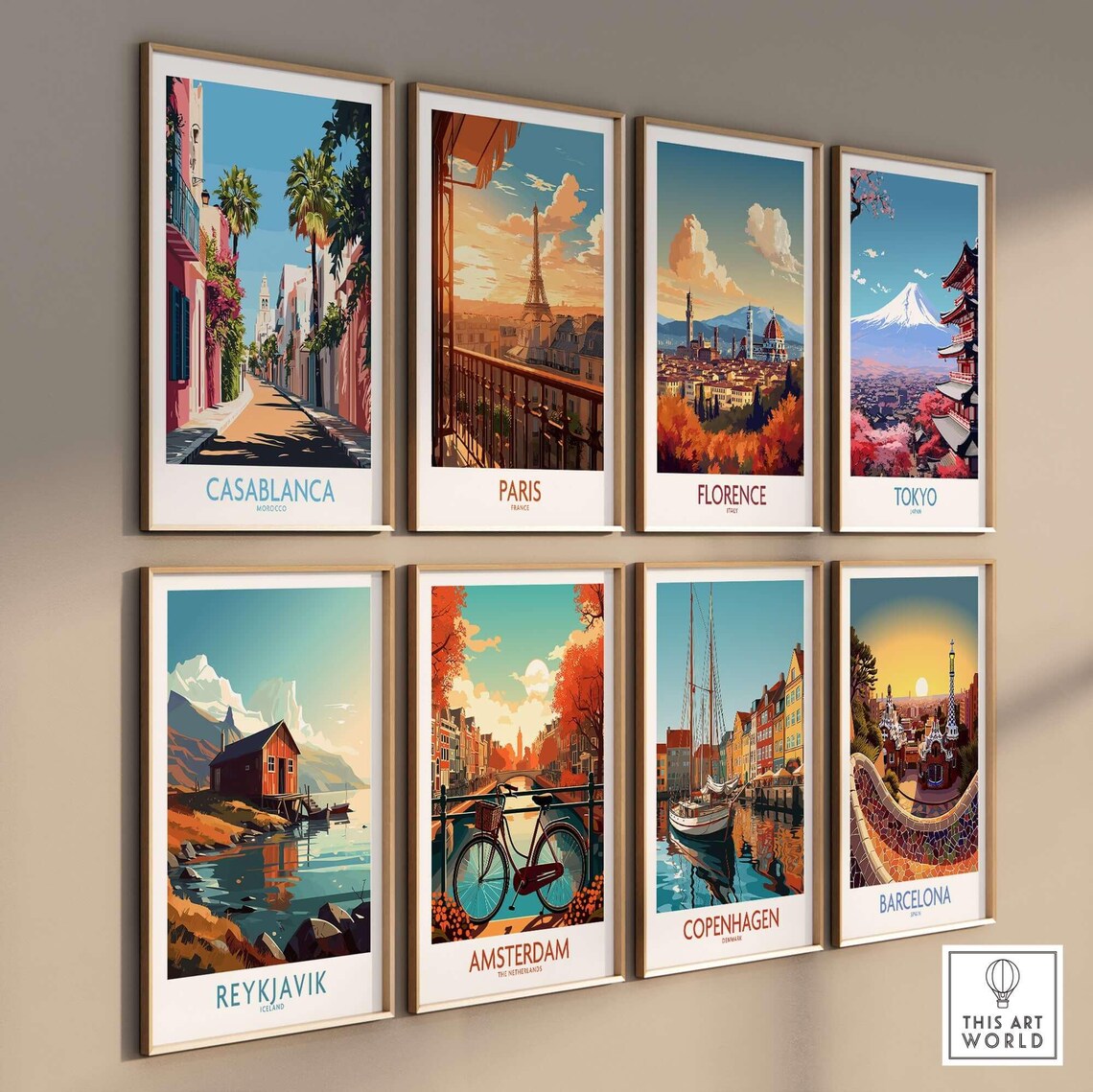 Casablanca Morocco Sunlit Palm Street Mosque Tower Travel Poster - Image 3