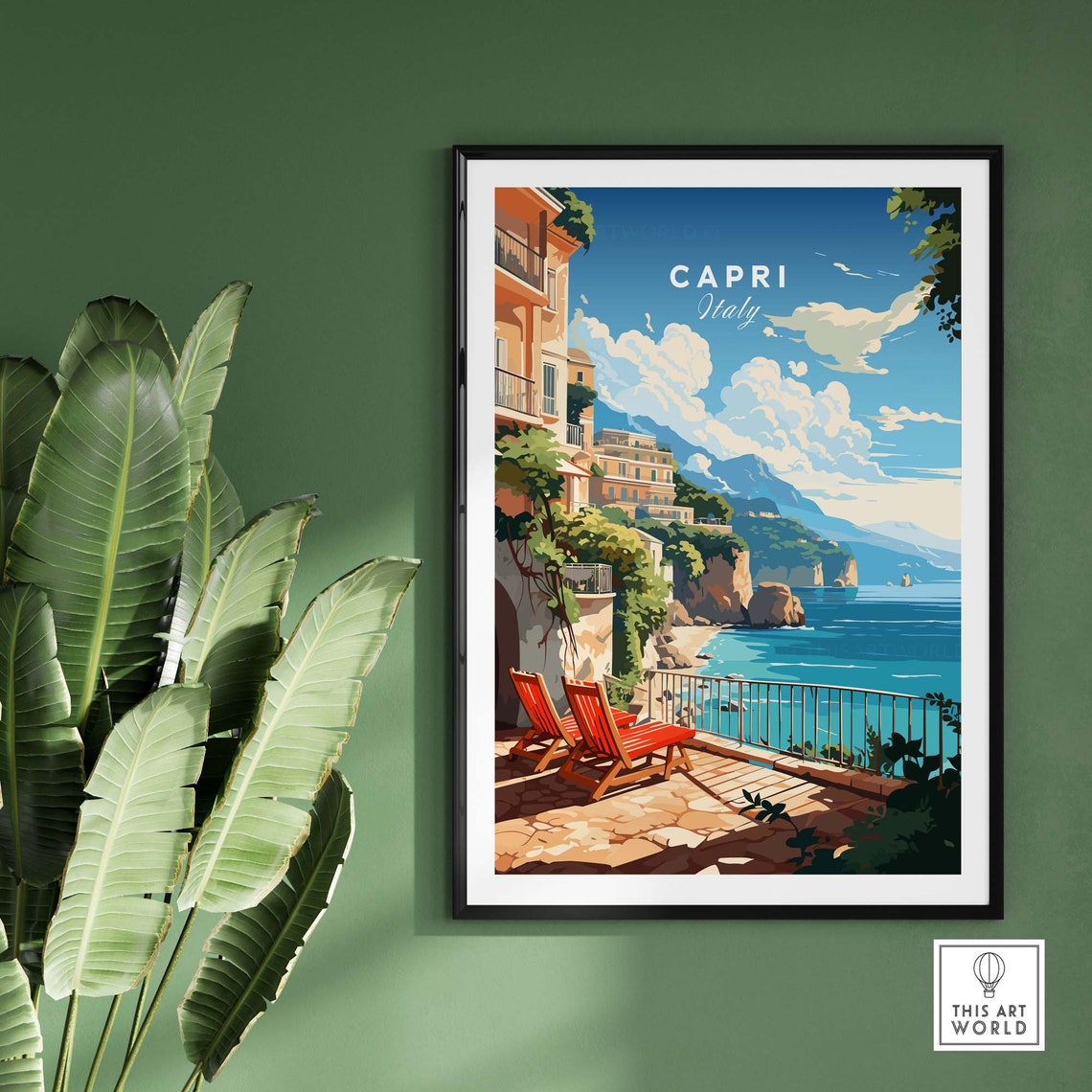 Capri Italy Seaside Terrace Red Lounge Chairs Cliff View Art Poster - Image 2
