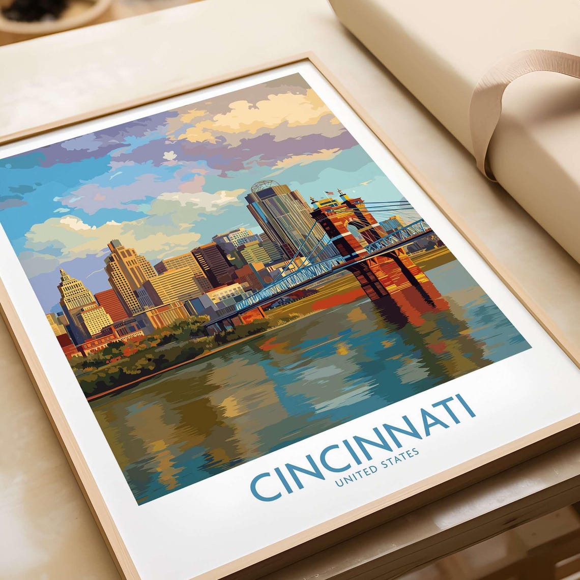 Cincinnati Ohio Skyline Suspension Bridge Vintage Travel Poster