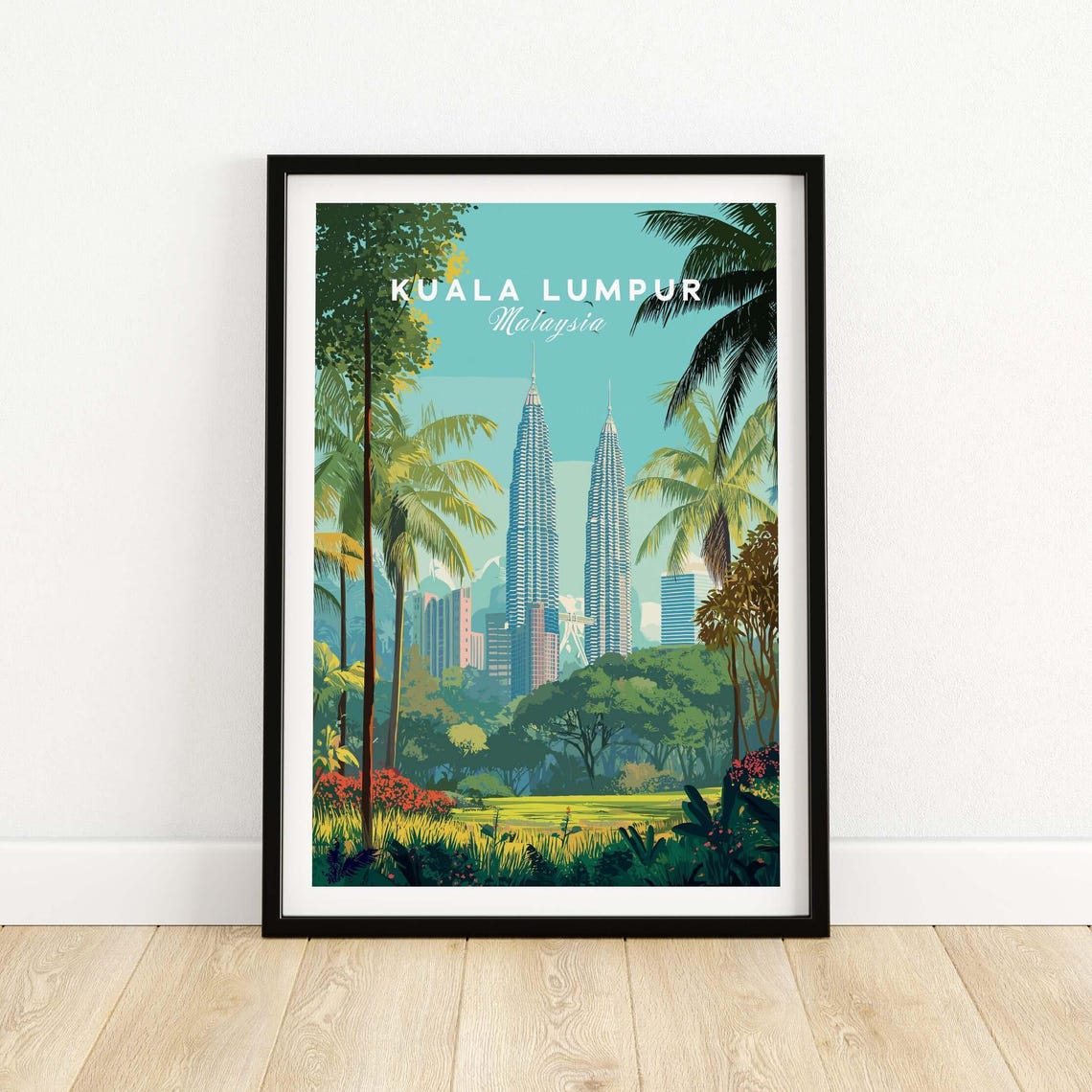 Kuala Lumpur Malaysia Petronas Towers Retro Skyline Travel Poster