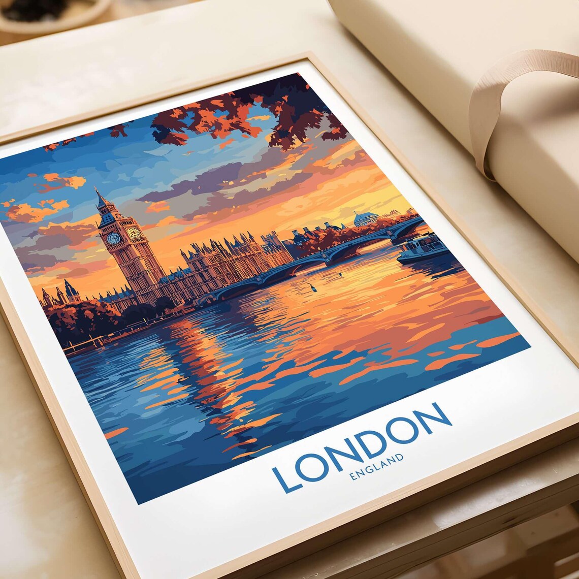 London Skyline, Thames River Parliament Travel Poster