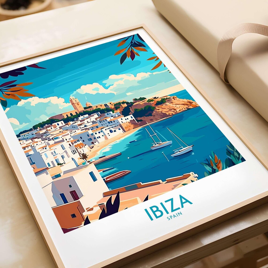 Ibiza Spain Whitewashed Old Town Sailboats Vintage Travel Poster