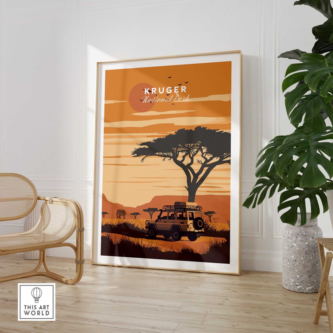 Kruger National Park Safari Jeep Elephant Sunset Savanna Poster - Image 3