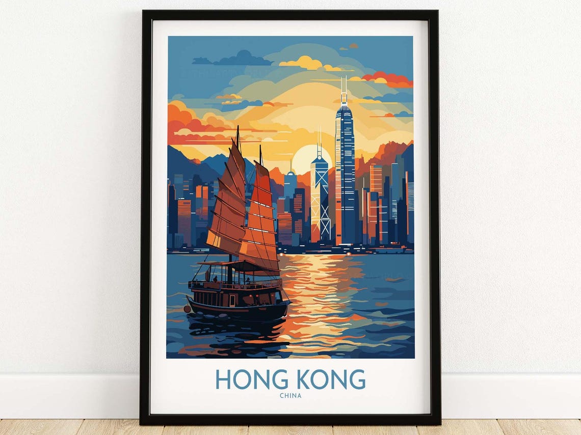 Hong Kong China Victoria Harbor Junk Boat Sunset Scenic Poster
