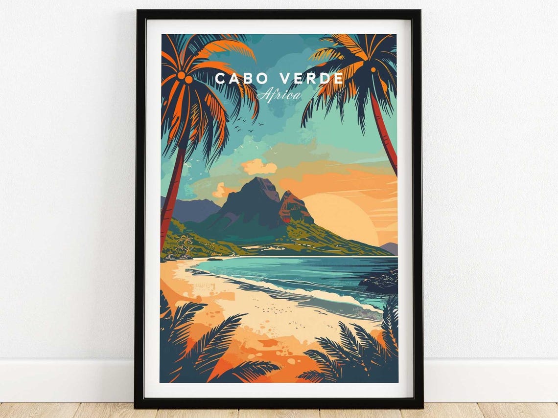 Cabo Verde Africa Tropical Beach Sunset Vintage Travel Poster