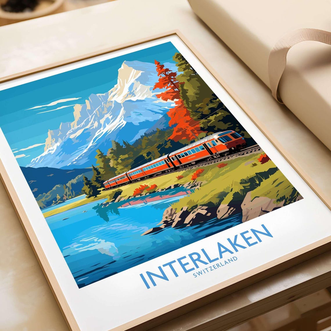 Interlaken Switzerland Red Train Alpine Lake Vintage Travel Poster