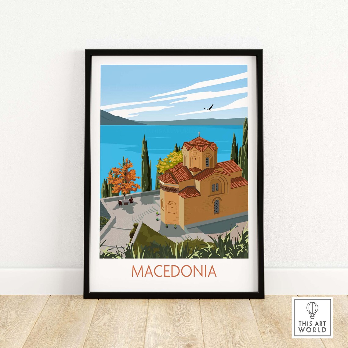 Macedonia Lakeside Orthodox Church Red Domes Blue Water Travel Poster