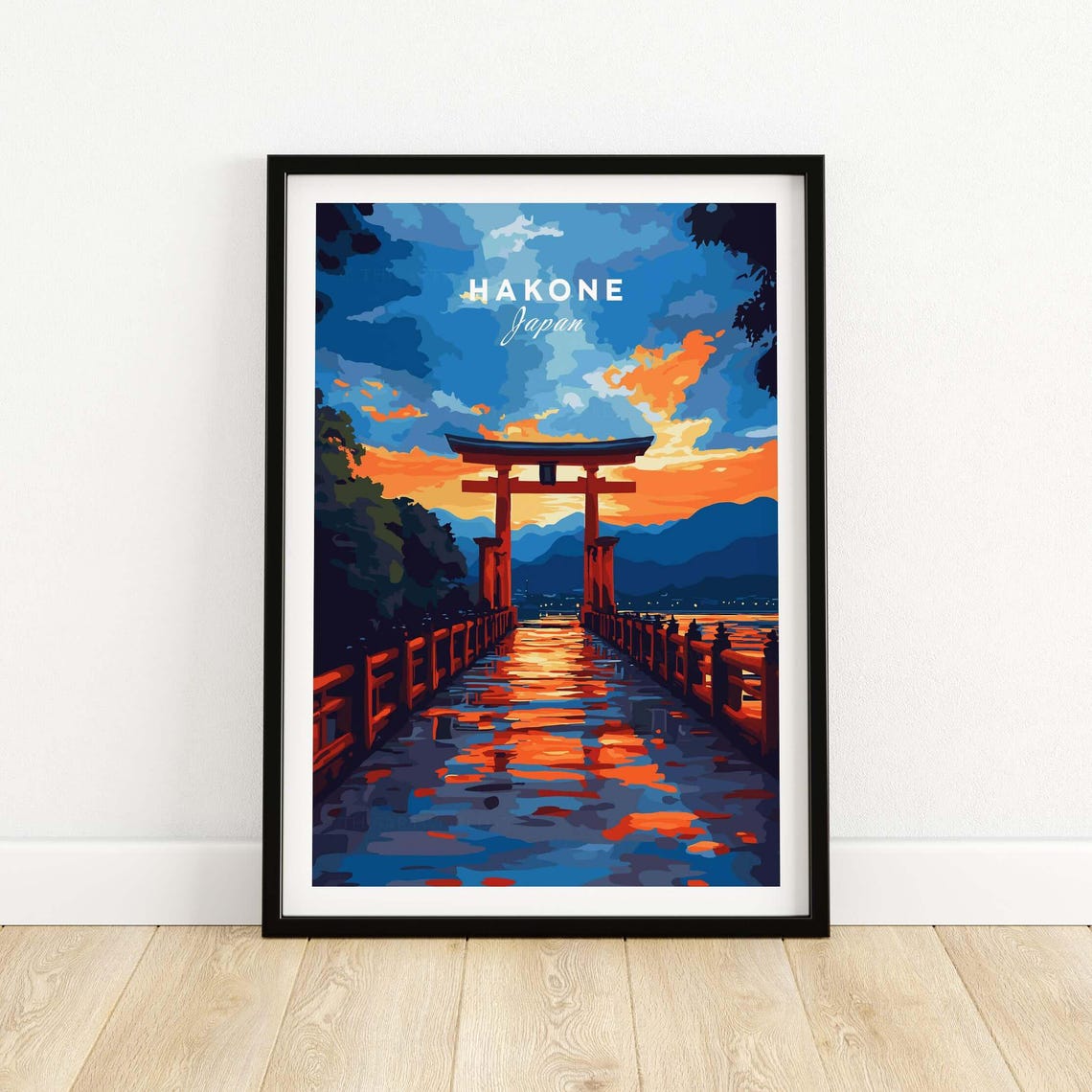 Hakone Japan Torii Gate Sunset Over Lake Ashi Travel Decor Poster