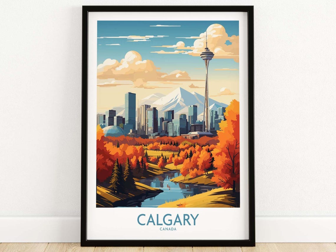 Calgary Canada Skyline Tower Autumn Trees Riverside View Poster