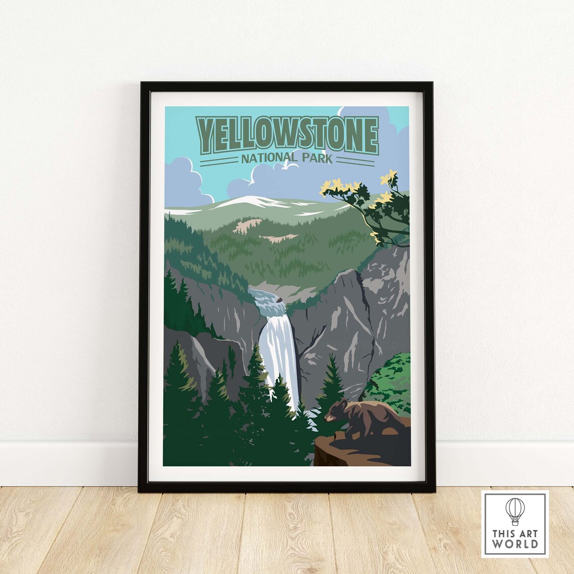 Yellowstone National Park Grand Falls Vintage Bear Forest Art Poster