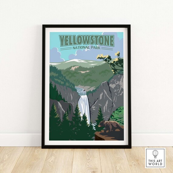 Yellowstone National Park Grand Falls Vintage Bear Forest Art Poster