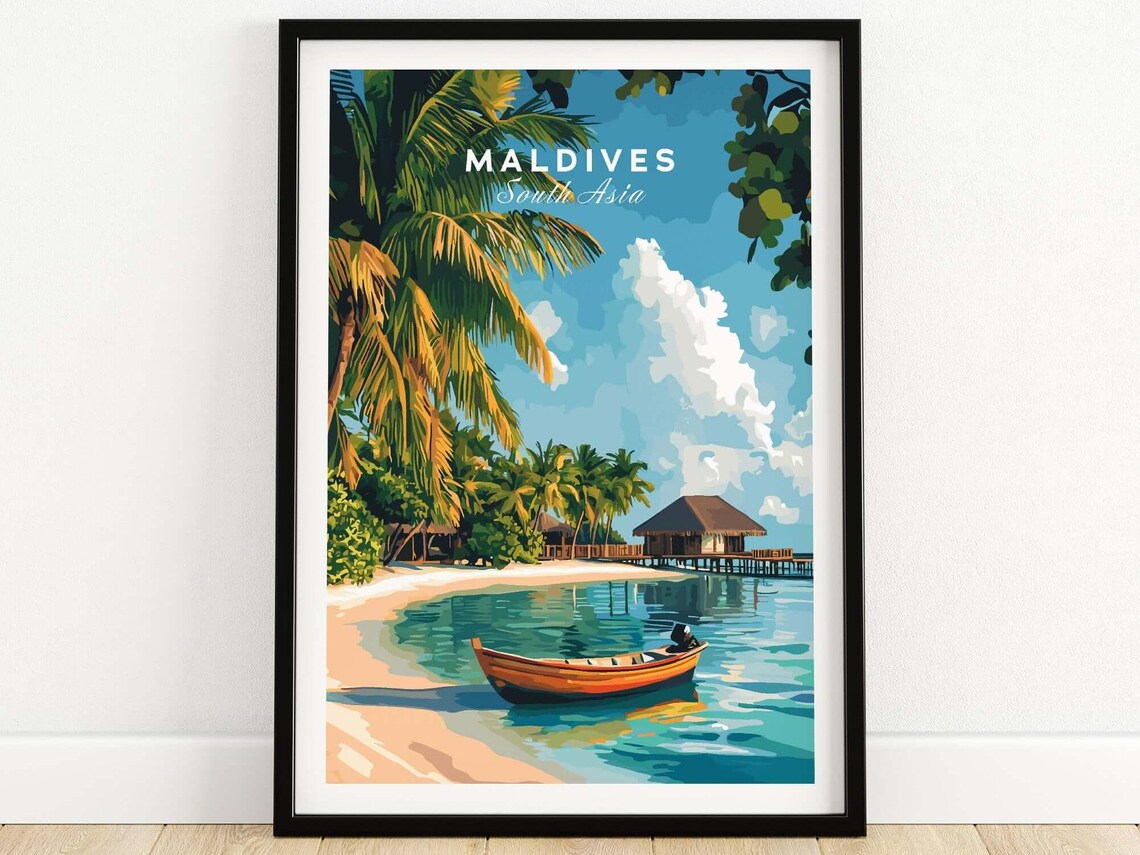 Maldives South Asia Palm Beach Wooden Boat Vintage Travel Poster