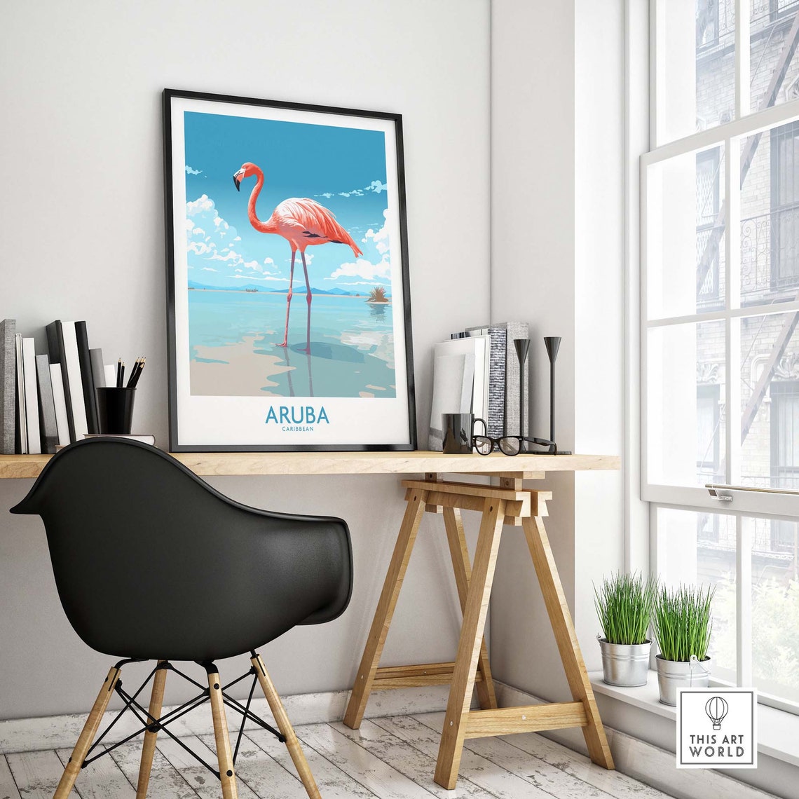 Aruba Caribbean Pink Flamingo Lagoon Illustration Travel Poster - Image 4