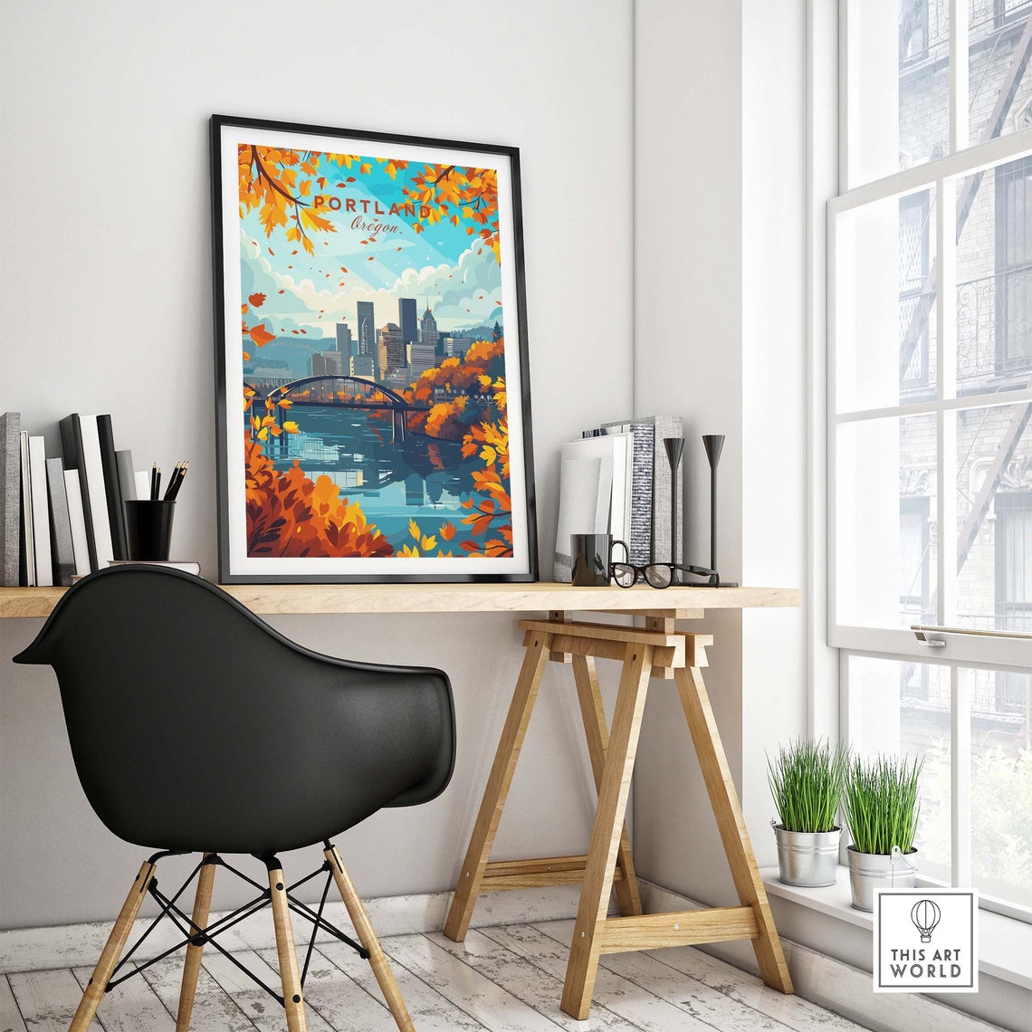 Portland Oregon Autumn Leaves Skyline Bridge River Fall Art Poster - Image 4