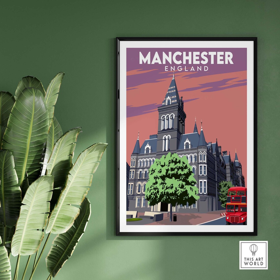 Manchester England City Vintage Town Hall Red Bus Travel Poster - Image 2