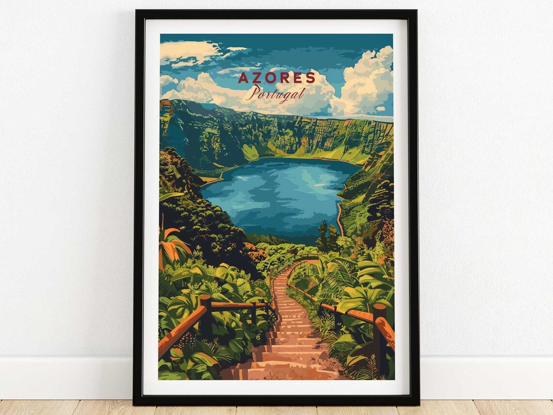 Azores Portugal Crater Lake Emerald Hills Hiking Travel Poster