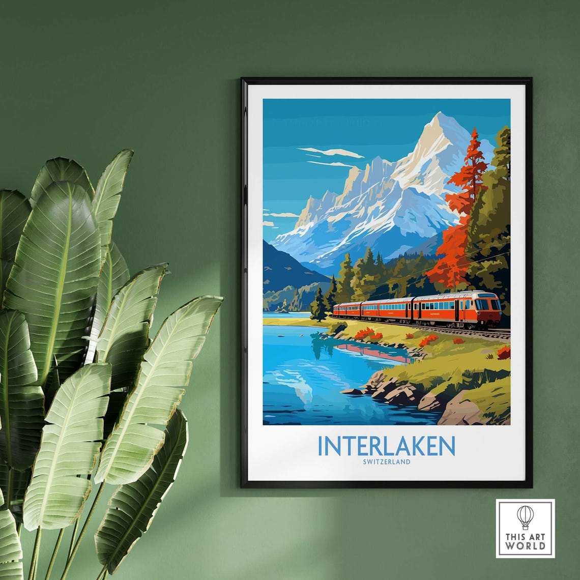 Interlaken Switzerland Red Train Alpine Lake Vintage Travel Poster - Image 2