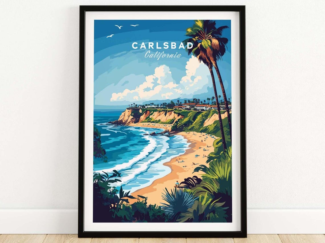 Carlsbad California Cliff Beach Surf Waves Palm Trees Travel Poster