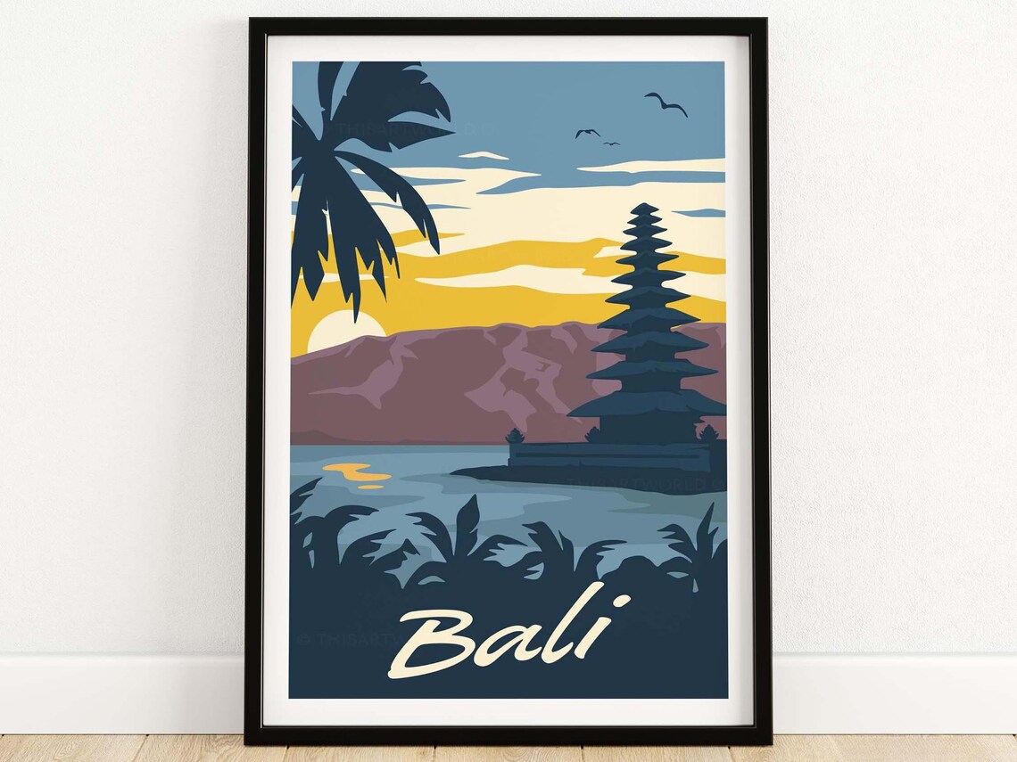 Bali Retro Sunset Lake Temple Silhouette Palm Fronds Travel Poster