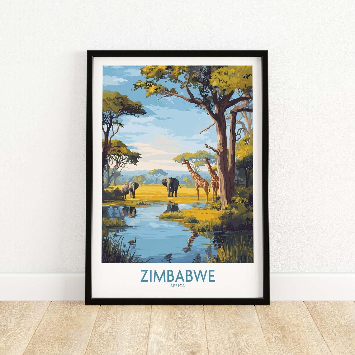 Zimbabwe Africa Waterhole Poster with Giraffes and Elephants