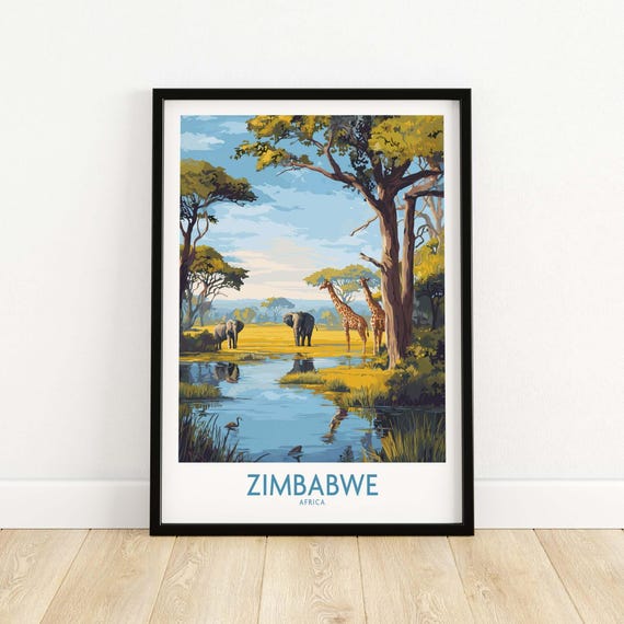 Zimbabwe Safari Poster African Wildlife Wall Art Giraffe Decor Elephant Print Nature Illustration Travel Gift Living Room Accent