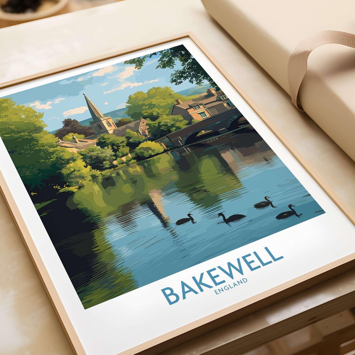 Bakewell England River Church Spire Ducks Village Travel Poster