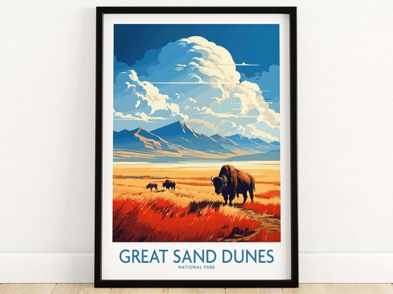 Great Sand Dunes National Park Bison Grassland Vintage Travel Poster