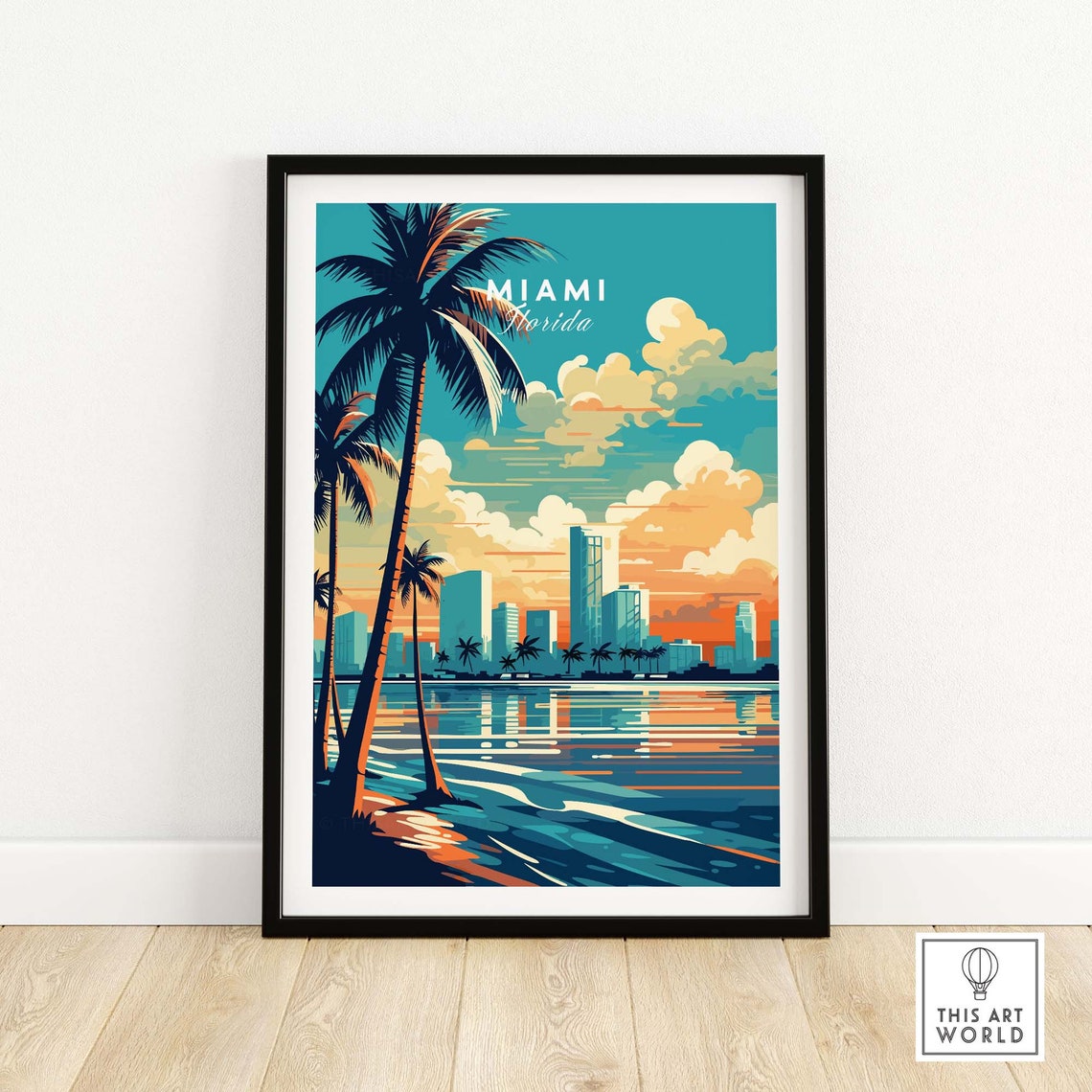 Miami Florida Palm Trees Downtown Skyline Golden Sunset View Poster