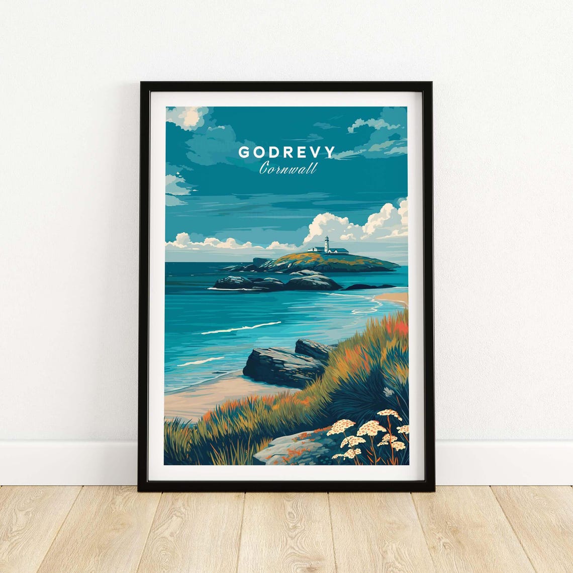 Godrevy Cornwall Lighthouse Vintage Coastal Poster Seaside Decor Gift