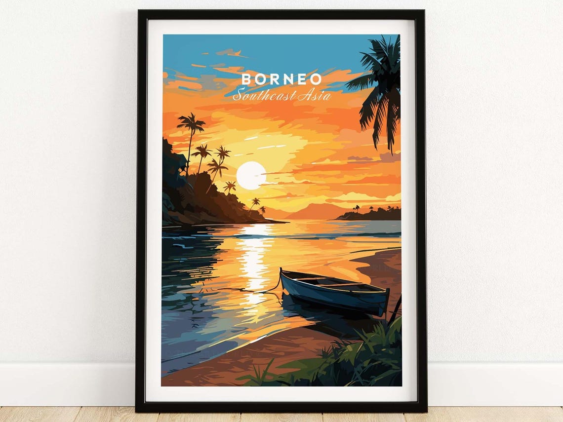 Tropical Borneo Southeast Asia Sunset Beach Boat Palm Coast Poster