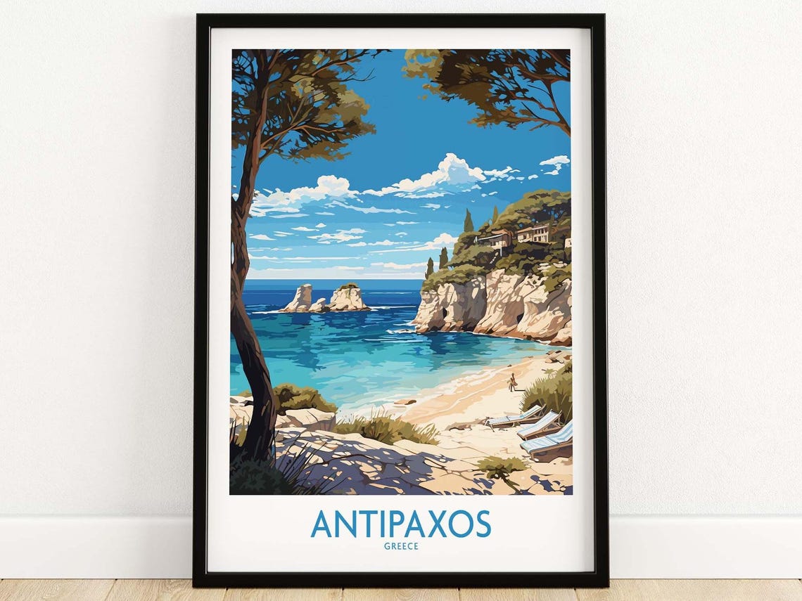 Antipaxos Greece Rocky Cove Turquoise Sea Vintage Travel Poster