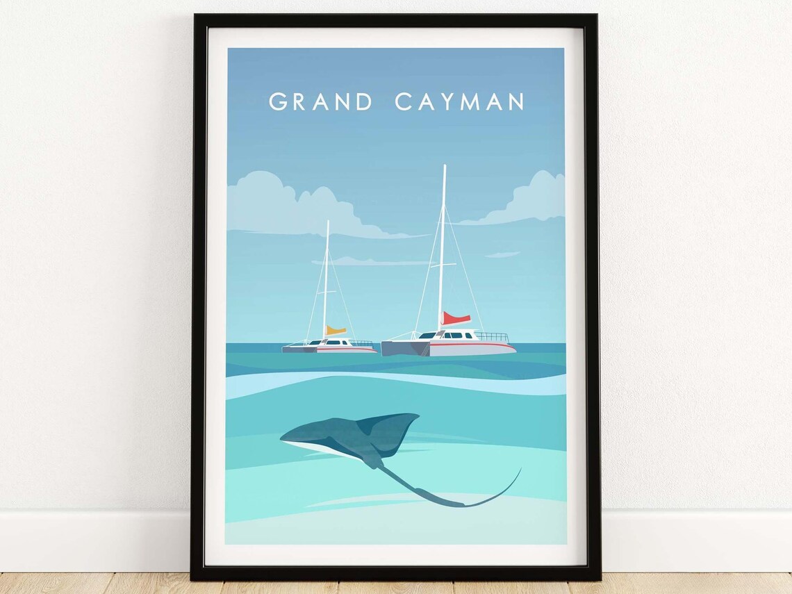 Grand Cayman Travel Poster, Caribbean Stingray Art