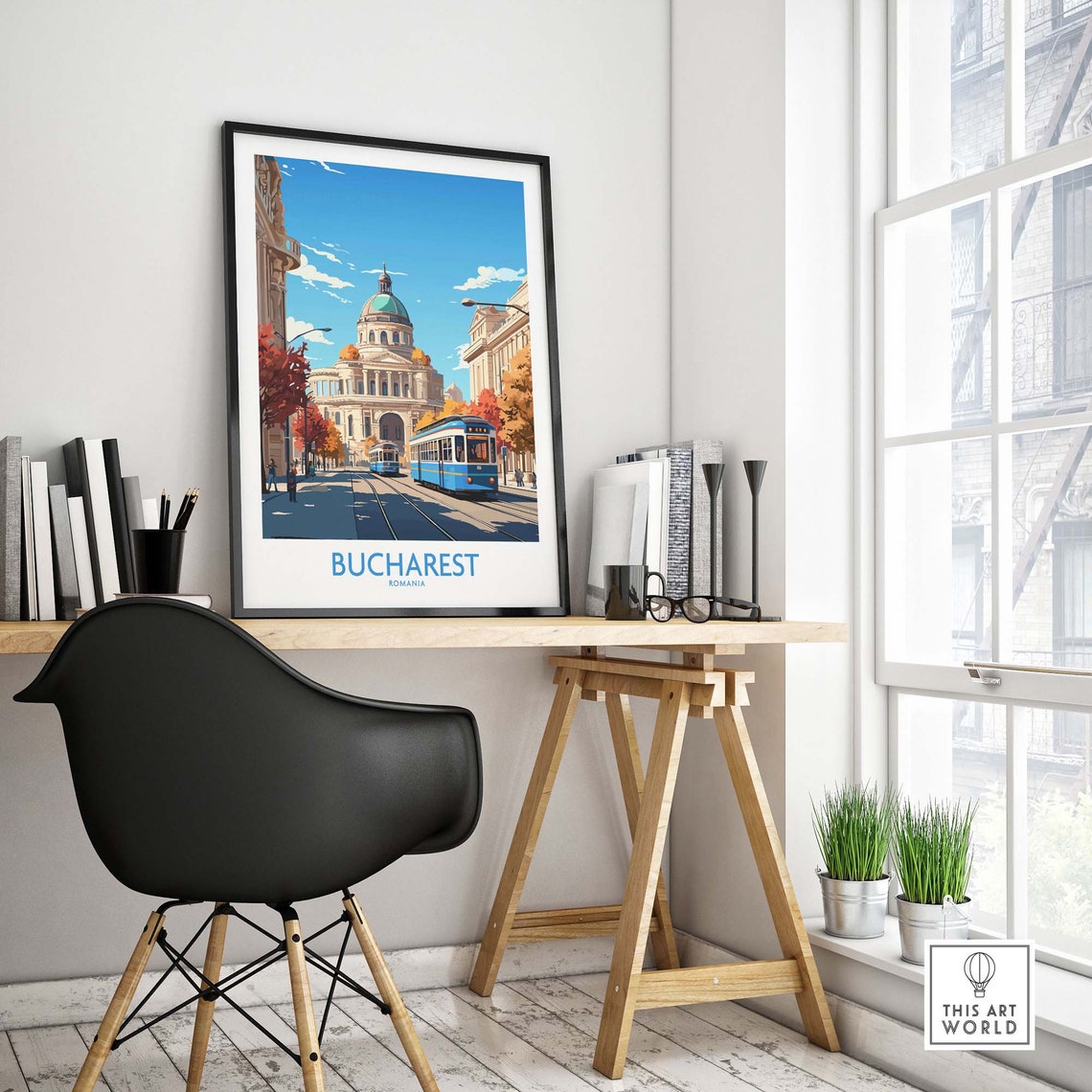 Bucharest Romania Tram Street Historic Dome Autumn Travel Poster