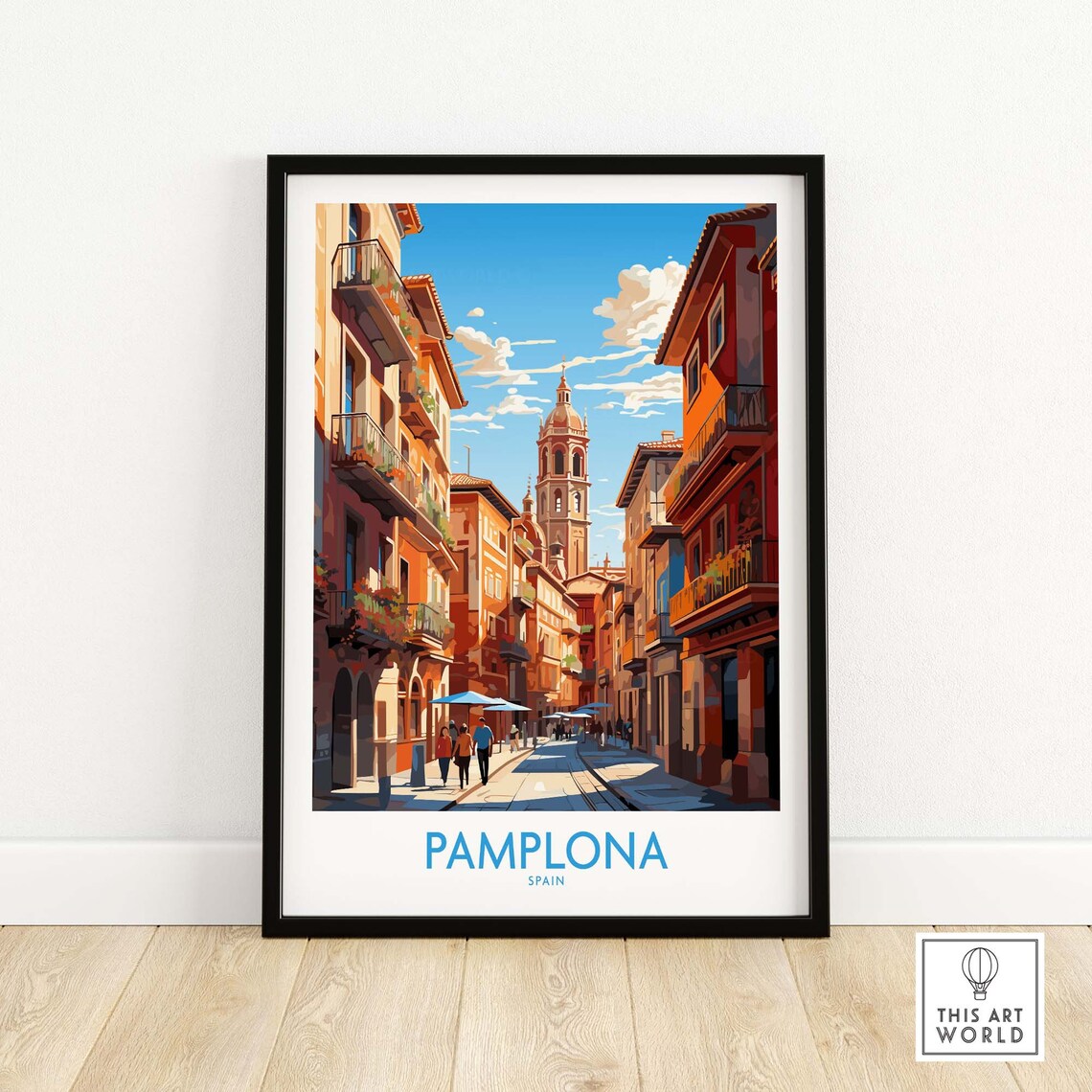 Pamplona Spain Old Town Church Bell Tower Street Travel Poster