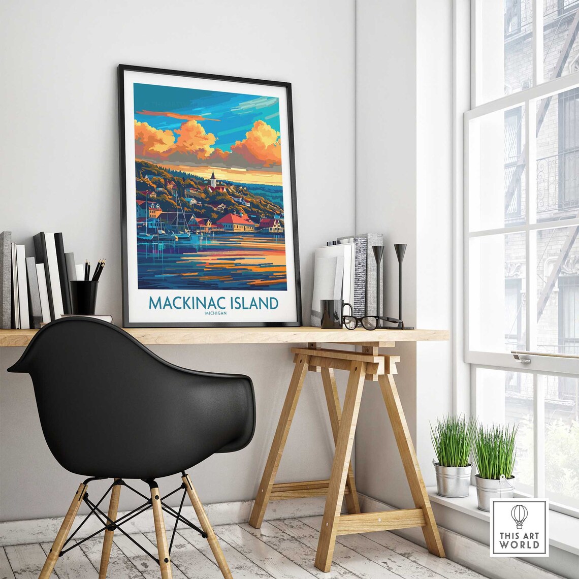 Mackinac Island Michigan Harbor Sunset Scene Vintage Travel Poster - Image 4