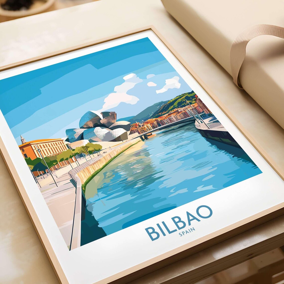 Bilbao Spain Guggenheim Museum River Promenade Vintage Travel Poster