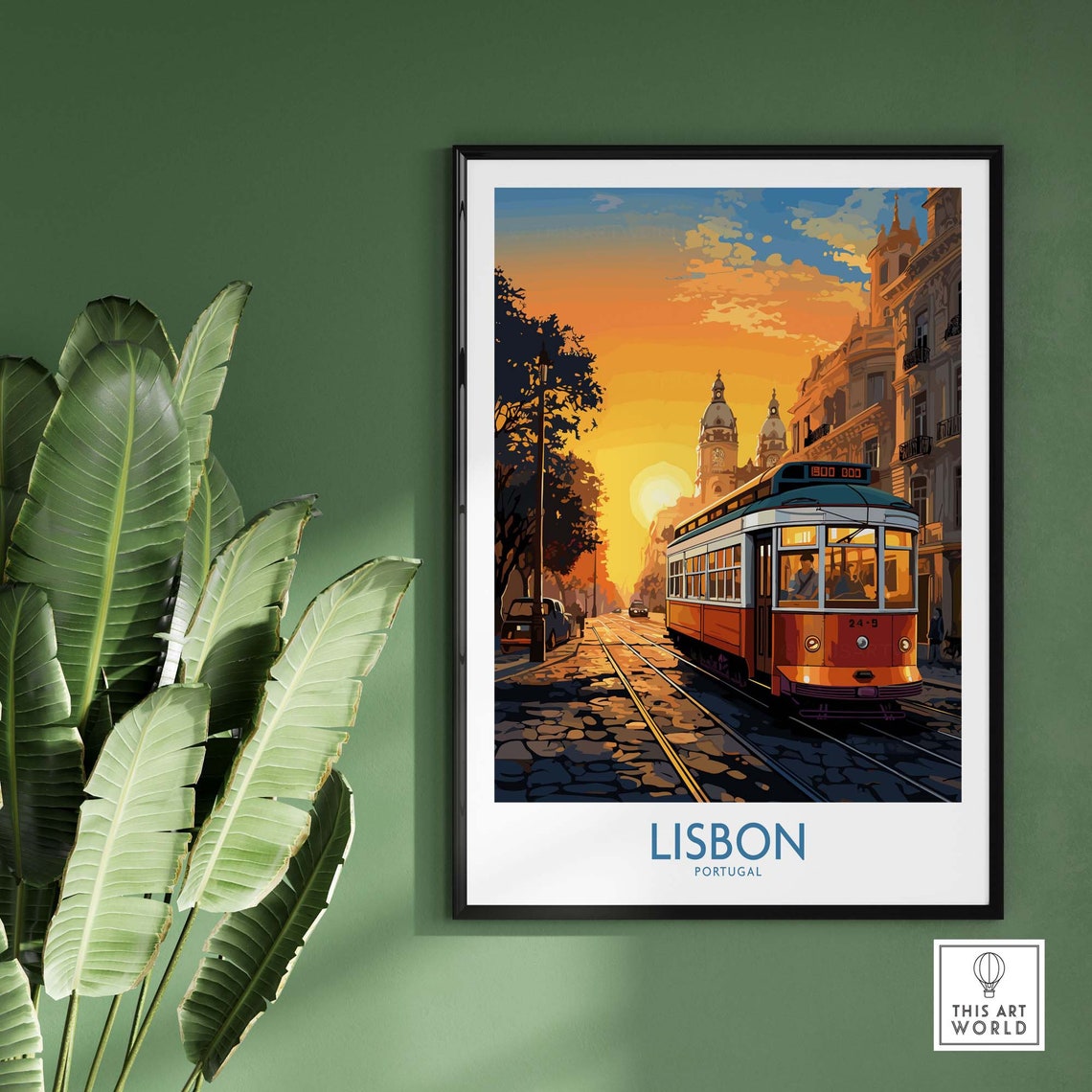 Lisbon Portugal Tram Sunset Cobblestone Street Vintage Travel Poster - Image 2