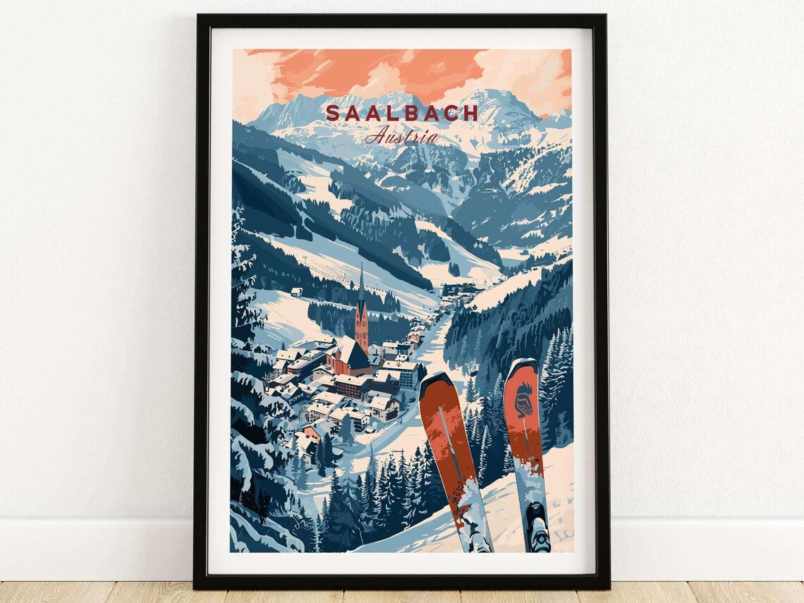 Saalbach Austria Village Church with Ski Tips Pink Sky Travel Poster