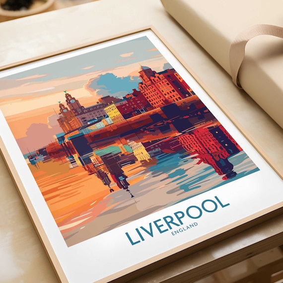 Liverpool England Skyline Sunset Water Reflections Golden Poster
