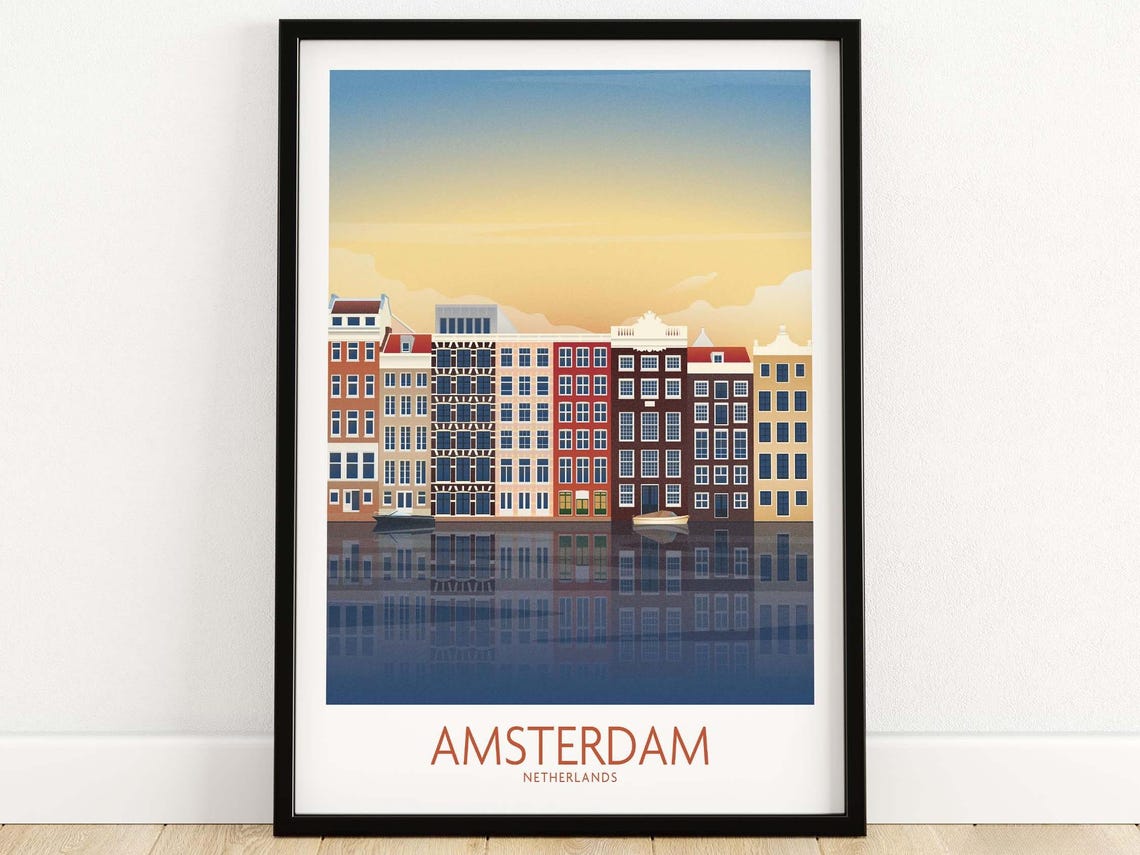 Amsterdam Netherlands Canal Houses Sunset Reflection Art Poster