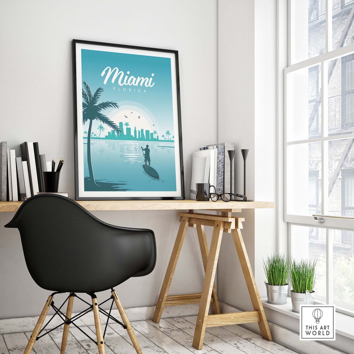 Miami Florida Paddleboarder Sunset Skyline Palm Scene Poster - Image 4